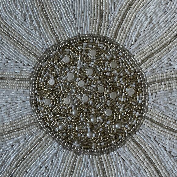 TAHARI HOME Glass Hand Beaded Charger Placemat 15in White Silver Floral NEW - Picture 5 of 14